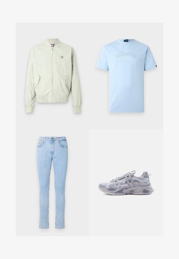 Hellgrüne Bomberjacke aus glattem Material; mit einem Frontreißverschluss, gerippten Bündchen, zwei Seitentaschen und einem kleinen Logo-Patch auf der Brust.; Ellesse QUESCO TEE - T-Shirt print - light blue; Helle blaue Jeans aus Denim mit einem taillierten Design, fünf Taschenstil, Frontknopfverschluss und subtiler Ausbleichung. Schlanker Schnitt mit geraden Beinen.; Grauer und weißer sportlicher Sneaker mit dicker Sohle, Obermaterial aus Mesh und synthetischem Material, Schnürverschluss und markantem Designdetail an der Seite.
