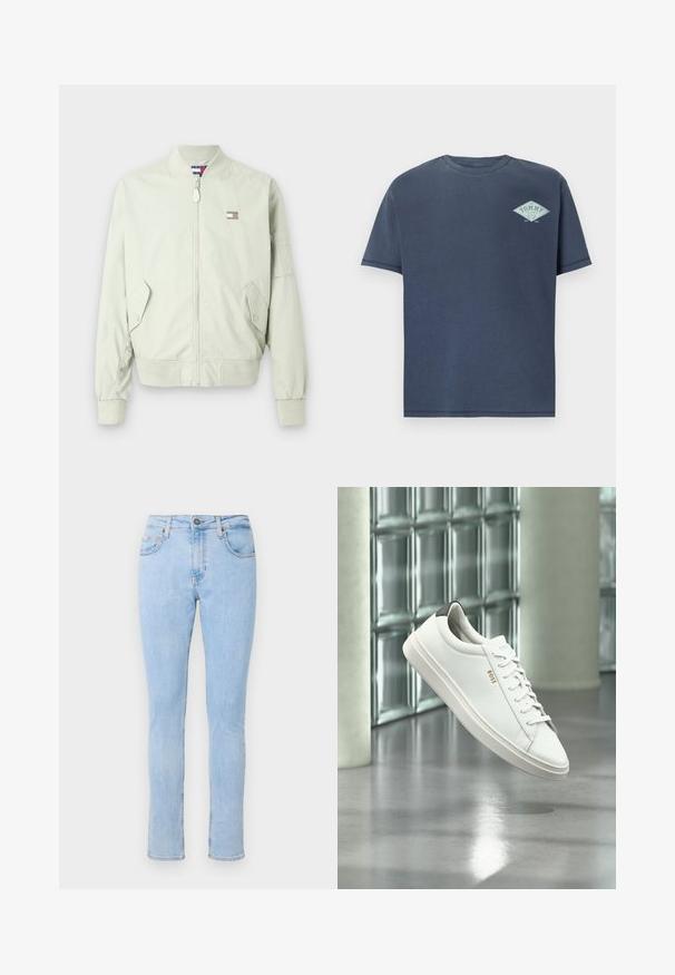 Svetlozelená bomber bunda z hladkej tkaniny; má predný zips, rebrované manžety, dve bočné vrecká a malú nášivku loga na hrudi.; Námornícky modré bavlnené tričko s okrúhlym výstrihom a krátkymi rukávmi. Obsahuje svetlomodré diamantové logo na ľavej hrudi. Mäkka textúra.; Svetlomodré denimové džínsy s priliehajúcim strihom, štýlom s piatimi vreckami, predným zapínaním na gombík a jemným vyblednutím. Úzky strih s rovným nohavicami.; Biela kožená teniska s nízkym strihom, šnúrkami, čiernou pätovou záložkou a logom „BOSS“, ktorá visí vo vzduchu v interiéri pri stene zo sklenených blokov a leštenej podlahe.