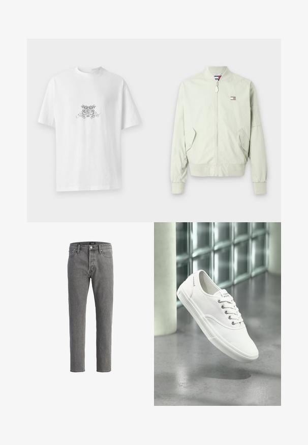 Lichtgroene bomberjack van gladde stof; voorzien van een rits aan de voorzijde, ribgebreide manchetten, twee zijzakken en een klein logo-opdruk op de borst.; Witte katoenen t-shirt met een ronde hals, korte mouwen en een zwart bloemenprintontwerp met "HUGO" in het midden.; Grijze denim jeans met een rechte snit, vijf-pocket ontwerp en metalen knoopsluiting. De stof heeft een zachte, gestructureerde afwerking.; Witte lage canvas sneaker met veters, met label Tommy Hilfiger, getoond zwevend boven een gladde grijze vloer nabij een muur van glasblokken.