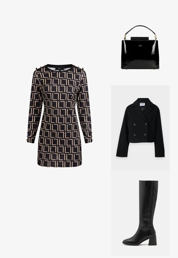 Sort cropped dobbeltknapsjakke med skrå krave, vide ærmer, to forlommer og seks matchende knapper. Glat tekstur.; Langærmet sort kjole med beige geometrisk firkantet mønster og dekorative knapper på skuldre og manchetter, figursyet silhuet.; ONLY SHOES ONLBIJOU KNEE HIGH BOOT - Høje støvler/ Støvler - black; Sorte patentlæder håndtaske med et struktureret design, der har et top håndtag, guld hardware detaljer og en lille frontklap.