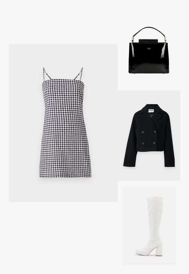 Veste noire courte à double boutonnage avec col cranté, manches larges, deux poches avant et six boutons assortis. Texture lisse.; Robe à carreaux noir et blanc avec des bretelles fines, silhouette droite et corsage ajusté. Matière en coton avec une texture lisse.; RAID CANNON - Bottes à plateau - white; Sac à main en cuir verni noir avec un design structuré, comportant une poignée supérieure, des accents en métal doré et un petit rabat à l'avant.