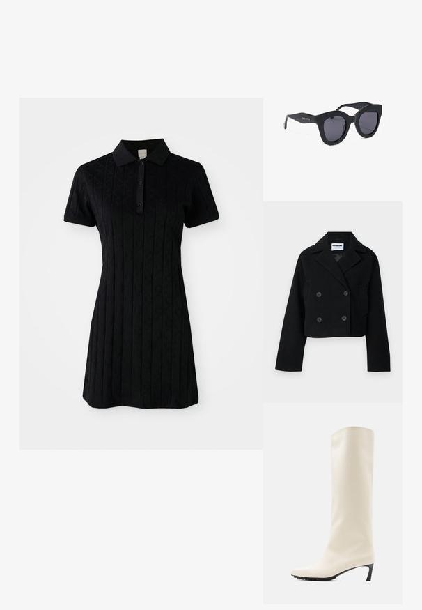Schwarze kurze doppelte Jacke mit Reverskragen, weitem Ärmel, zwei Fronttaschen und sechs passenden Knöpfen. Glatte Textur.; Schwarzes Polokleid mit kurzen Ärmeln, ausgestattet mit einem Kragen und einem strukturierten Muster aus Rauten und Kreisen. Knopfschluss am Hals.; Knielanger weißer Stiefel aus glattem Material mit spitzer Spitze und schlankem schwarzem Absatz. Verfügt über ein schlichtes Design und minimale Markenkennzeichnung.; Schwarze übergroße Cat-Eye-Sonnenbrille mit dunklen Gläsern und „Gino Rossi“-Logo an den Bügeln, dargestellt auf weißem Hintergrund.
