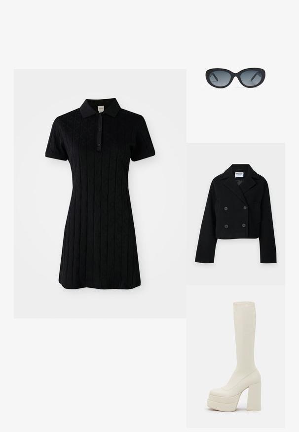 Schwarze kurze doppelte Jacke mit Reverskragen, weitem Ärmel, zwei Fronttaschen und sechs passenden Knöpfen. Glatte Textur.; Schwarzes Polokleid mit kurzen Ärmeln, ausgestattet mit einem Kragen und einem strukturierten Muster aus Rauten und Kreisen. Knopfschluss am Hals.; Steve Madden CYPRESS - Plateaustiefel - off white; Schwarze Sonnenbrille mit einem glatten Kunststoffrahmen, ovalen Gläsern, die von dunkelgrau zu hellgrau verlaufen, und abgerundeten Kanten.