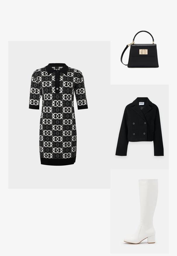 Veste noire courte à double boutonnage avec col cranté, manches larges, deux poches avant et six boutons assortis. Texture lisse.; Robes polo en tricot avec un motif géométrique noir et blanc. Caractéristiques des manches courtes, un col et trois boutons sur le devant.; Bottes blanches jusqu'au genou avec une finition lisse et brillante. Talon carré et détails de couture subtils sur le côté.; Sac à main en cuir noir avec une poignée supérieure, une bandoulière amovible et un fermoir rectangulaire doré sur le rabat avant.
