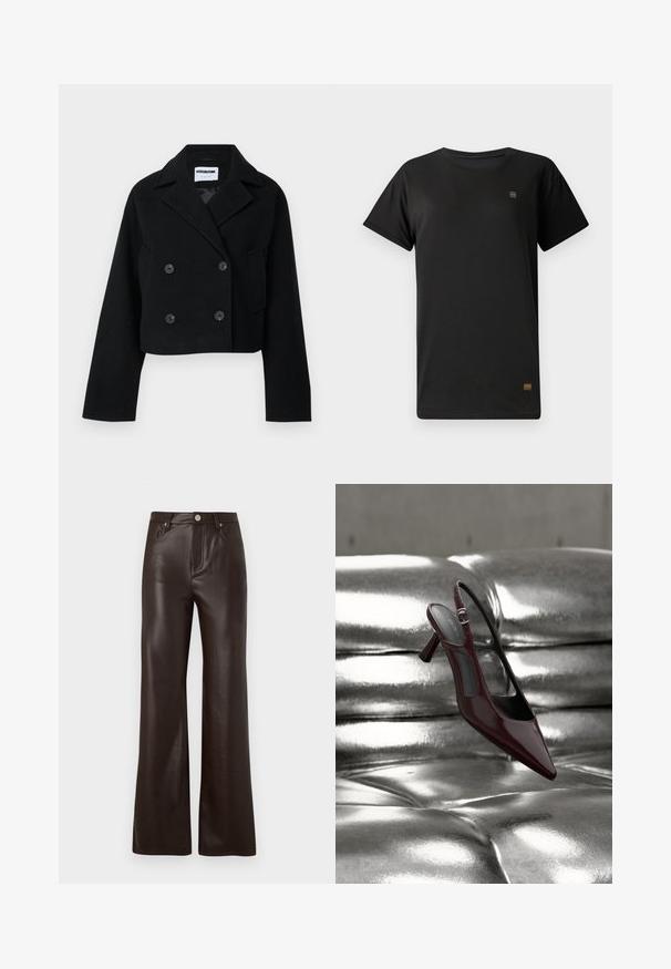 Sort cropped dobbeltknapsjakke med skrå krave, vide ærmer, to forlommer og seks matchende knapper. Glat tekstur.; Sort bomulds T-shirt med korte ærmer og rund hals. Har et lille logo på brystet og et mærke i kanten. Klassisk pasform.; Vero Moda Wide-leg VMTESSA High rise - Bukser - chocolate torte; Blank mørkerød slingback højhælet sko med spids tå, vist på en skinnende sølvfarvet polstret læderoverflade.