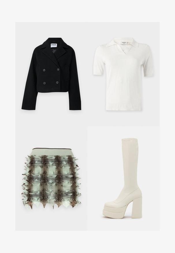 Veste noire courte à double boutonnage avec col cranté, manches larges, deux poches avant et six boutons assortis. Texture lisse.; Haut tricoté blanc à manches courtes avec un col et une encoche en forme de V au niveau de l'encolure, présenté sur un fond uni.; Jupe froncée vert menthe avec un design en cage, ornée de motifs à carreaux marron et de bords effilés. Taille élastique pour un bon ajustement.; Steve Madden CYPRESS - Bottes à plateau - off white