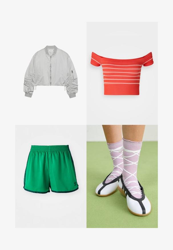 Forkortet bomberjakke i lys grå nylon, med frontend lynlås, ribbet krave, indsamlede ærmer og sidelomme med lynlås detaljer.; Rød crop top med bare skuldre, horisontale lyserøde striber, tætsiddende design, ribbet tekstur og korte ærmer.; Grønne atletiske shorts med en glat tekstur, elastisk talje og mørkegrønne sideaccenter. Har Adidas-logoet på den nederste kant.; Ben iført ribbet lilla sokker med hvide krydsede stropper kombineret med hvide balletsko med sort kant på grøn gulv.