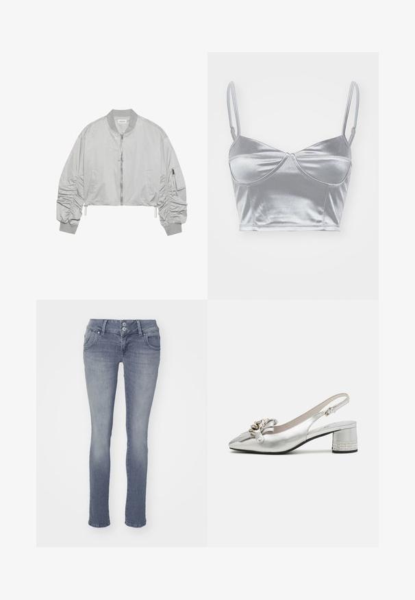 Chaqueta bomber recortada en nailon gris claro, que presenta un cierre frontal, cuello acanalado, mangas fruncidas y un bolsillo lateral con detalle de cremallera.; Bralette de satén plateado con tirantes finos ajustables, escote corazón y diseño retorcido en el centro. Textura suave y brillante.; Jeans ajustados en denim azul claro, con un diseño clásico de cinco bolsillos, cierre de dos botones y un ligero desvanecimiento en la parte delantera.; Zapato slingback plateado con puntera afilada, detalle de lazo y un tacón bajo tipo bloque con una banda decorativa de rhinestone. Acabado metálico suave.