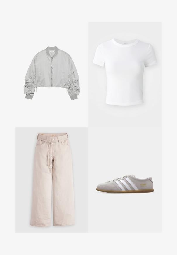 Veste bomber courte en nylon gris clair, dotée d'une fermeture éclair à l'avant, d'un col côtelé, de manches froncées et d'une poche latérale avec détail de fermeture éclair.; T-shirt courte à manches courtes, blanche, avec un col rond, présentée sur un fond neutre et lumineux.; Pantalons large couleur beige clair en denim, avec fermeture à bouton, passants de ceinture et poches avant. Texture lisse avec une coupe décontractée.; Baskets en daim gris avec des rayures en cuir blanc et un logo doré. Semelle en gomme plate, bout rond et design classique à lacets.