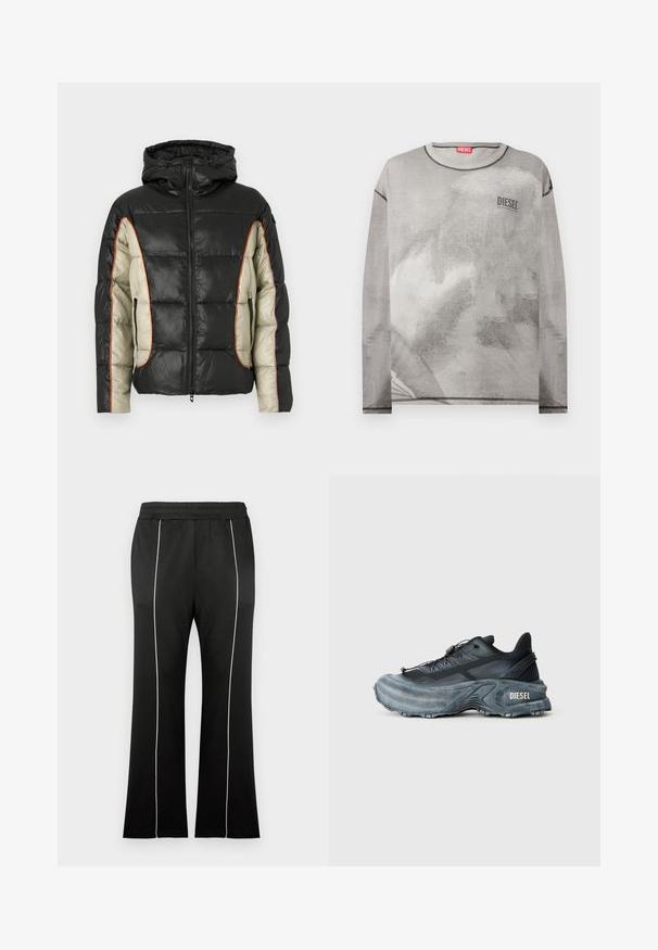 Veste rembourrée en noir et crème, avec capuche, poches latérales et couture contrastante en orange. Texture lisse avec un motif matelassé.; Sweat-shirt Diesel gris clair à manches longues avec un imprimé abstrait subtil et des détails de surpiqûres noires contrastantes au niveau de l'encolure, des poignets et de l'ourlet.; Pantalon de sport noir avec une taille cintrée, doté de bandes blanches sur les côtés et d'une coupe évasée aux jambes. Fabriqué en tissu doux et extensible.; Baskets Diesel noires et grises avec semelle épaisse, système de laçage à bascule et design texturé sur fond gris clair uni.