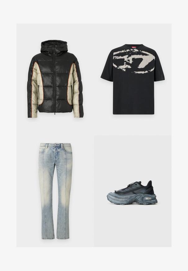 Chaqueta acolchada en negro y crema, con capucha, bolsillos laterales y costuras contrastantes en naranja. Textura suave con patrón acolchado.; Camiseta negra con un gran gráfico abstracto en gris claro en la parte frontal. Mangas cortas y un cuello redondeado clásico. Material de algodón.; Jeans de mezclilla azul claro con diseño de pierna recta, con costuras dobles, bolsillos frontales y acabado desteñido. Sin marcas visibles.; Zapatilla Diesel en negro y gris con suela gruesa, cierre de cordón y diseño texturizado sobre un fondo liso de color gris claro.