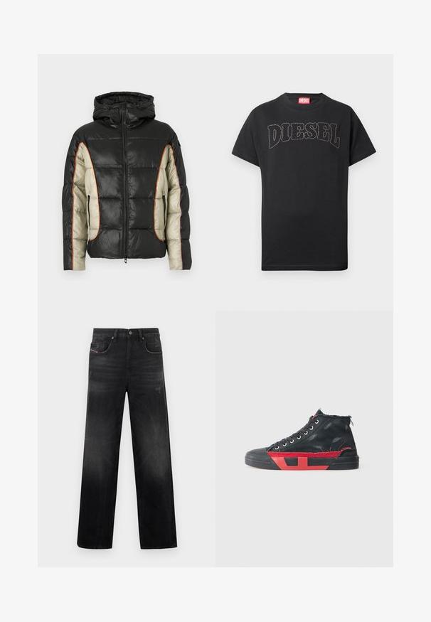 Veste rembourrée en noir et crème, avec capuche, poches latérales et couture contrastante en orange. Texture lisse avec un motif matelassé.; T-shirt noir à manches courtes avec texte "DIESEL" courbé et cousu sur la poitrine, et étiquette rouge à l'intérieur du col.; Jean en denim noir à coupe droite, avec cinq poches, un léger délavage et un aspect usé. Détails visibles en métal et coutures apparentes.; Baskets montantes noires avec des accents rouges et une finition usée. Caractérisées par une tige en toile texturée et une semelle en caoutchouc avec un design découpé.