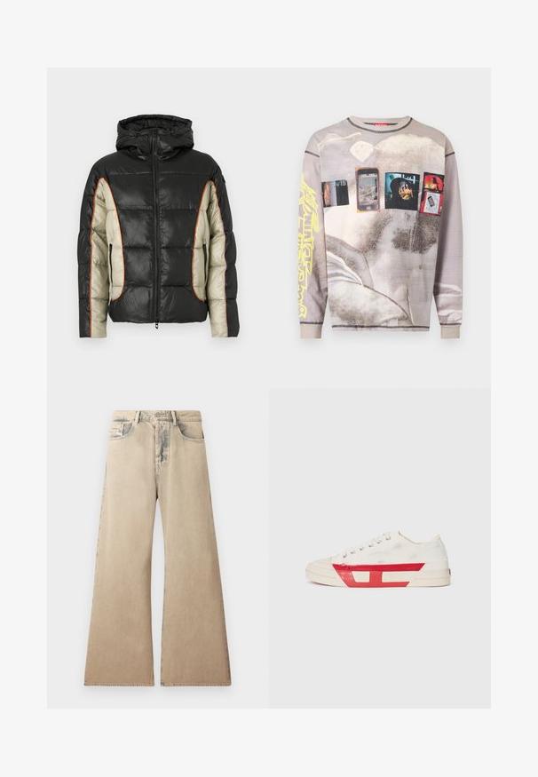 Padded Jacke in Schwarz und Creme, mit Kapuze, Seitentaschen und kontrastierenden Nähte in Orange. Glatte Textur mit gestepptem Muster.; Langärmliges, verblasstes beiges Hemd mit grafischen Drucken von Smartphones, Personen und abstrakten Formen, mit gelbem Schriftzug auf einem Ärmel.; Beige weite Jeans mit verblichener Textur, Fünf-Taschen-Design und genähten Details entlang der Nähte. Der Bund hat einen klassischen Knopfverschluss.; Leinensneaker mit weißem Obermaterial, roten Gummidetails und einem strukturierten Design. Verfügt über eine runde Zehenpartie und fünf Ösen für die Schnürsenkel.