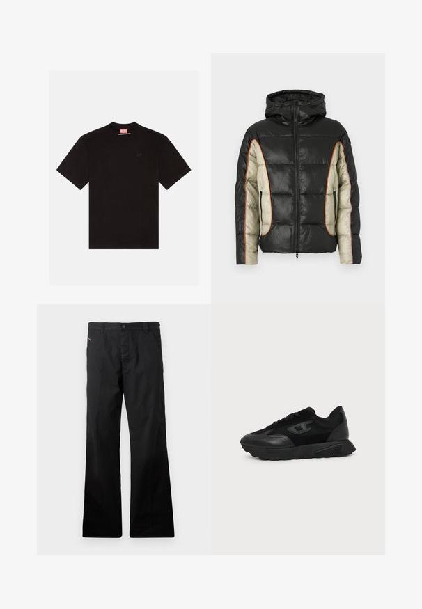 Chaqueta acolchada en negro y crema, con capucha, bolsillos laterales y costuras contrastantes en naranja. Textura suave con patrón acolchado.; Camiseta de algodón negra con mangas cortas, cuello redondo y un pequeño logotipo en relieve en el pecho. Etiqueta de marca roja en el cuello.; Pantalones rectos de algodón negros con cierre de botón. Presentan bolsillos laterales y un diseño minimalista sin patrones ni acentos visibles.; Zapatilla negra de corte bajo con suela texturizada, parte superior de malla y cuero, cierre de cordones en la parte delantera y un pequeño logo en relieve en el panel lateral.