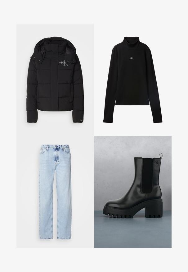 Mustmustest musta kapuutsiga, tikandiga disain ja Calvin Kleini logo rinnal. Omab eesmist lukku ja nööpe.; Mustast lahtise soonikuga kaelusega top pikkade varrukatega, mille rinnal on väike ruudukujuline Calvin Kleini logo.; Heledad sinise värvi laiad teksad, mis on valmistatud denimist, kõrge vöökoht, pleekinud pesu ja peen tie-dye muster ettepoole.; Mustad must jalatsid mustast nahast, ümmarguse varbaga, tükilisest platvormist ja võrgupoolsest aksendist. Omab tõmbeauku mugavaks jalga panemiseks.