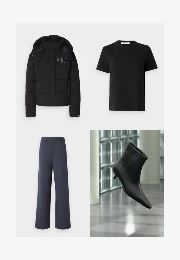Čierna prešívaná bunda s kapucňou, prešívaný dizajn a logo Calvin Klein na hrudi. Obsahuje predný zips a detaily so zapínaním na cvoky.; Čierne tričko s krátkym rukávom vyrobené z mäkkej bavlny, s okrúhlym výstrihom, uvoľneným strihom a hladkou štruktúrou. Žiadne viditeľné vzory ani grafika.; Široké nohavice z tmavošedej látky. Medzi vlastnosti patrí vysoký pás, predné záhyby a hladká textúra s pútkami na opasok.; Čierna kožená členková čižma so špicatou špičkou a nízkym kitten podpätkom, zobrazená šikmo na pozadí leštenej podlahy a steny zo sklenených blokov.