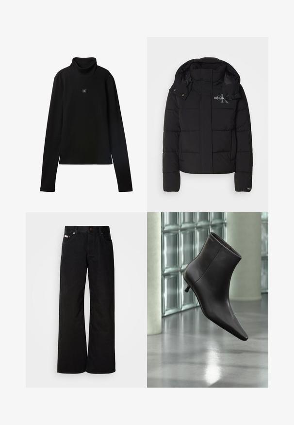 Chaqueta acolchada negra con capucha, diseño acolchado y logo de Calvin Klein en el pecho. Cuenta con un cierre frontal y detalles de botones a presión.; Top negro de cuello alto acanalado de manga larga con un pequeño parche cuadrado con el logo de Calvin Klein centrado en el pecho.; Jeans de pierna ancha negros, hechos de algodón. Presentan bolsillos frontales, cierre de botón y una textura de denim clásica. Diseño minimalista sin patrones.; Bota de cuero negro para el tobillo con puntera puntiaguda y tacón pequeño, exhibida frente a una pared de bloques de vidrio y un suelo pulido.