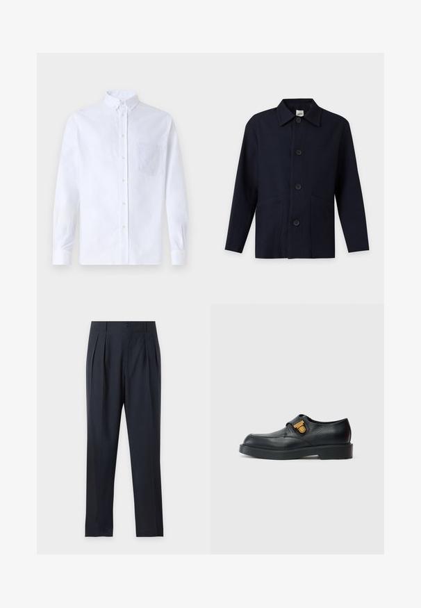 Veste longue à manches longues bleu marine foncé à boutons, avec col et deux poches avant sur fond uni.; Chemise blanche à manches longues avec boutons en coton, présentant une poche poitrine avec broderie ton sur ton, un col et des poignets boutonnés.; Pantalon plissé bleu marine foncé avec fermeture par bouton et fermeture éclair, jambes droites et poches latérales sur un fond clair uni.; Chaussure en cuir noir avec bout arrondi, surface texturée et design à enfiler. Comprend un accent en métal doré sur le côté.