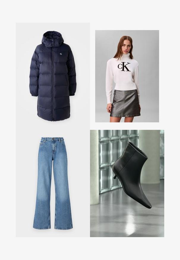Marineblauer Puffer-Mantel mit hohem Kragen, langen Ärmeln und einem Reißverschluss auf der Vorderseite. Verfügt über gepolsterte Abschnitte und ein Logo auf der Brust. Glatte Textur.; Junge Frau trägt einen weißen Rollkragenpullover mit schwarzem "CK"-Logo und einem metallisch dunkelgrauen Lederrock, steht vor einem schlichten Hintergrund.; Hoch taillierte blaue Jeans mit weitem Bein, vorderen Taschen, Gürtelschlaufen sowie einem Knopf- und Reißverschluss.; Schwarzer Leder-Stiefelette mit spitzer Zehenpartie und niedrigem Kitten-Heel, schräg dargestellt vor einem polierten Boden und einer Glasbausteinwand.