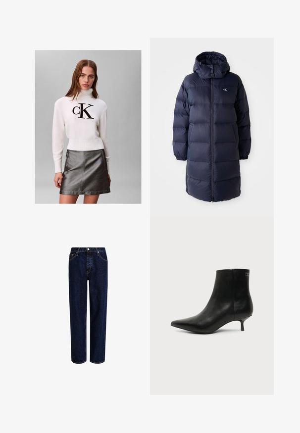 Marinepufferjakke med høj krave, lange ærmer og en frontlynlås. Har polstrede sektioner og et logo på brystet. Glat tekstur.; Ung kvinde iført en hvid turtleneck sweater med sort "CK" logo og en metallisk mørkegrå lædernederdel står foran en ensfarvet baggrund.; Mørkeblå denim jeans med lige ben-design, der har høj talje, fem-lomme-stil og kontrastsyninger. Ingen dekorationer.; Sort læder ankelstøvle med spids tå og lav kitten hæl på lys baggrund, der viser yderside.