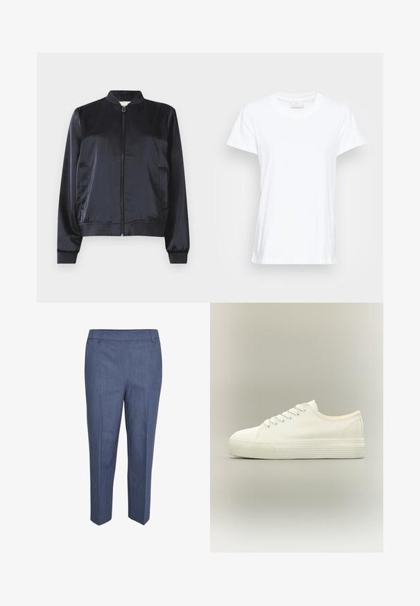 Chaqueta bomber de satén azul marino con cierre de cremallera, puños y dobladillo acanalados, y dos bolsillos laterales. Textura suave y diseño estructurado.; Camiseta blanca de manga corta hecha de algodón suave. Presenta un escote redondo y un corte ligeramente holgado con aberturas laterales para mayor comodidad.; Pantalones a medida de tela azul oscura con una sutil textura. Presentan un frente plano, piernas rectas y una cintura de altura media. Sin bolsillos visibles.; Zapatilla blanca de lona de perfil bajo con cierre de cordones en la parte delantera y suela gruesa de goma texturizada sobre fondo neutro.