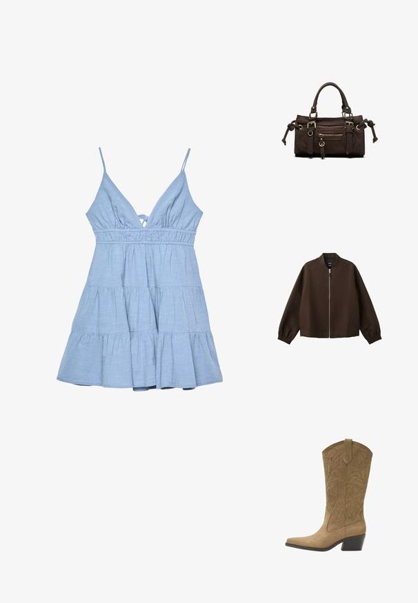 Veste bomber marron foncé avec une fermeture éclair avant argentée, des poignets élastiques et un col sans col, présentée sur un fond blanc.; Robe sans manches bleu clair avec un décolleté en V, un corsage froncé et une jupe à volants. Fabriquée en tissu texturé avec des bretelles ajustables.; Botte de cow-boy en daim tan avec broderie florale, bout pointu, languette de tirage et talon empilé de hauteur moyenne.; Sac à main en cuir marron foncé avec double poignée, poche avant zippée, boucles décoratives et nœuds latéraux sur fond blanc.