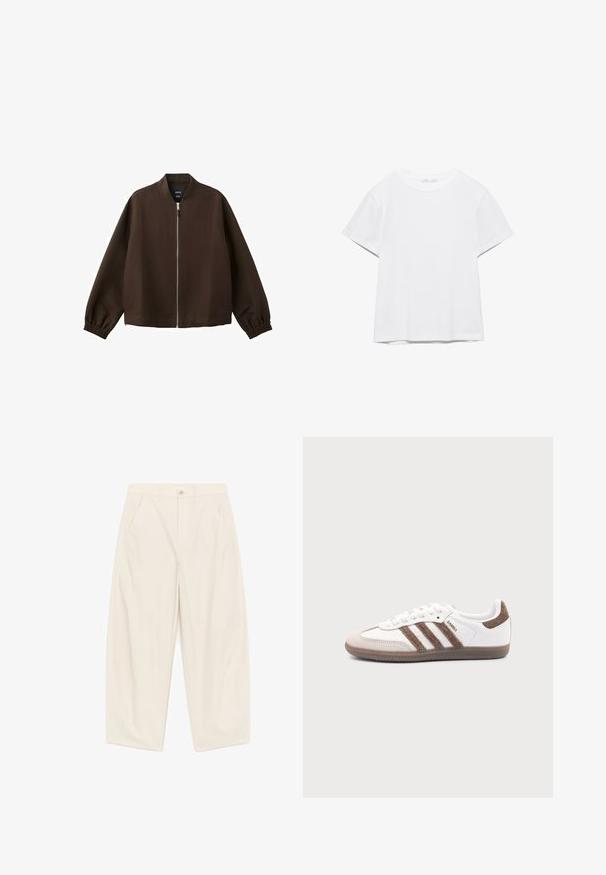 Veste bomber marron foncé avec une fermeture éclair avant argentée, des poignets élastiques et un col sans col, présentée sur un fond blanc.; T-shirt blanc uni à manches courtes et col rond, avec un ourlet droit, présenté sur un fond blanc.; Pantalon crème à taille haute et jambes larges, avec bouton avant, fermeture éclair, passants pour ceinture et poches latérales inclinées.; Baskets Adidas Samba blanches avec des bandes en daim marron, semelle en caoutchouc marron et bout en daim beige, vues du côté extérieur sur un fond uni.