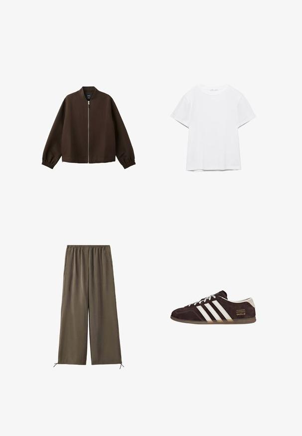Veste bomber marron foncé avec une fermeture éclair avant argentée, des poignets élastiques et un col sans col, présentée sur un fond blanc.; T-shirt blanc uni à manches courtes et col rond, avec un ourlet droit, présenté sur un fond blanc.; Pantalon vert olive ample avec taille élastique et cordons au bas, présenté à plat sur fond blanc.; Baskets en suède marron avec trois bandes blanches, semelle en caoutchouc, et étiquette avec le texte "Gazelle" en or. Fermeture à lacets avec lacets gris.