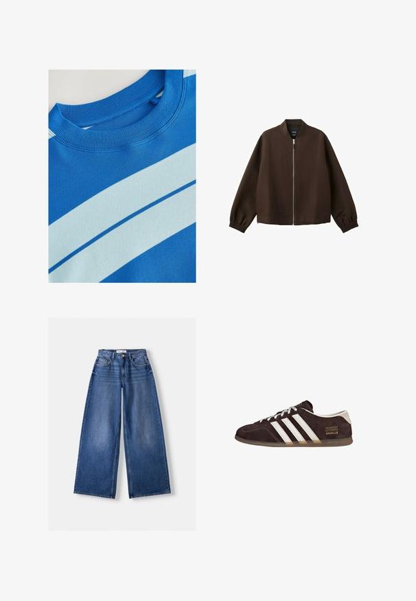 Dunkelbraune Bomberjacke mit silbernem Frontreißverschluss, elastischen Bündchen und kragenlosem Ausschnitt, vor weißem Hintergrund präsentiert.; Blaues Sweatshirt mit geripptem Rundhalsausschnitt, ausgestattet mit horizontalen hellblauen Streifen und einer glatten Textur. Sauberes Design, weiches Material.; Weit geschnittene blaue Denim-Jeans mit Vordertaschen, Gürtelschlaufen und Knopfverschluss, flach auf hellem Hintergrund liegend.; Braune Wildleder-Sneaker mit drei weißen Streifen, Gummisohle und Textlabel "Gazelle" in Gold. Schnürdesign mit grauen Schnürsenkeln.