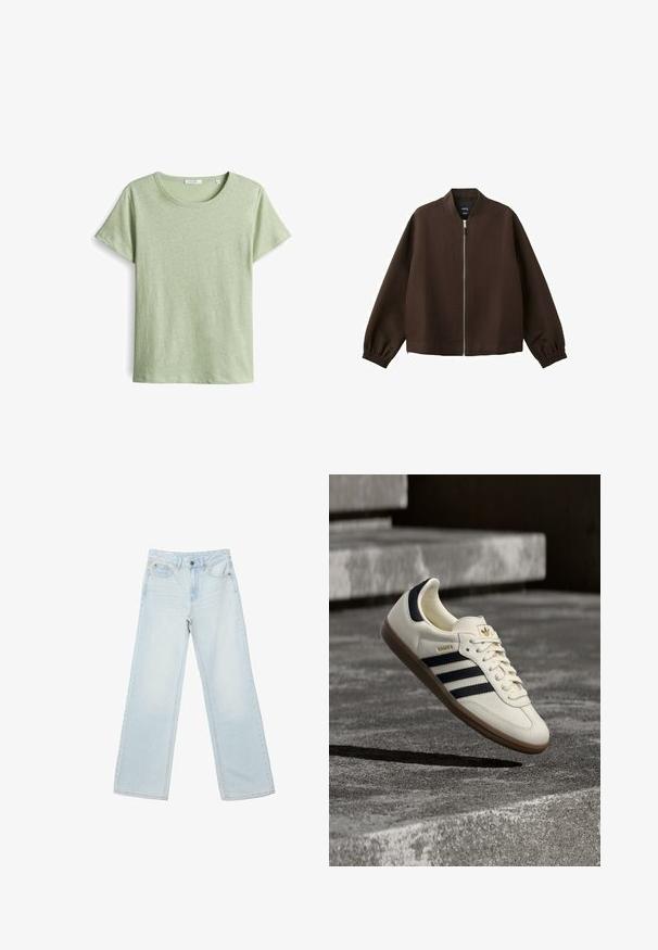 Dunkelbraune Bomberjacke mit silbernem Frontreißverschluss, elastischen Bündchen und kragenlosem Ausschnitt, vor weißem Hintergrund präsentiert.; Grünes Kurzarm-T-Shirt aus strukturiertem Stoff, mit einem runden Ausschnitt und geradem Schnitt. Einfaches Design ohne zusätzliche Muster.; Hellblaue Jeans mit hoher Taille und geradem Bein, mit vorderem Knopf und Reißverschluss, vorne und hinten Taschen, auf weißem Hintergrund dargestellt.; Weißer Adidas Samba Sneaker mit schwarzen Streifen und Gummisohle, schwebend über strukturierten grauen Betontreppen.