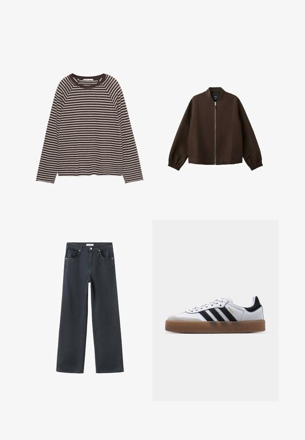 Veste bomber marron foncé avec une fermeture éclair avant argentée, des poignets élastiques et un col sans col, présentée sur un fond blanc.; T-shirt à manches longues avec des rayures horizontales marron et blanches, doté d'un col rond et d'une coupe décontractée. Confectionné dans un tissu doux et léger.; Jean large en denim foncé à taille haute, conception à cinq poches, boutons en argent et détails de couture. Texture lisse, lignes épurées.; Baskets en cuir blanc avec des rayures noires, semelle extérieure en caoutchouc beige, bout rond, fermeture lacée et embout en suède gris doux.