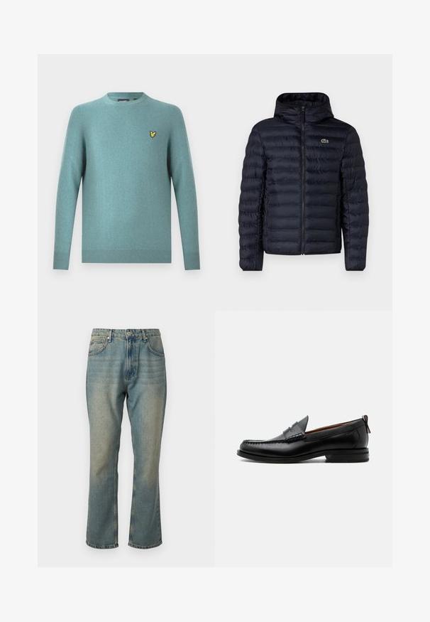 Chaqueta acolchada navy con capucha, que cuenta con un cierre frontal y puños elásticos. Acabado texturizado con costuras horizontales y un acento de logo.; Suéter de cuello redondo en tejido suave color verde azulado, con mangas largas y borde acanalado. Detalle de logo bordado en amarillo en el pecho.; Vaqueros de denim azul desgastado con pierna recta, cinco bolsillos y cierre de botón. Presenta detalles de lavado más claro sutiles.; Mocasín de hombre de piel negra con costura moc toe, tira penny, cuello texturizado y tacón bajo apilado sobre fondo blanco.
