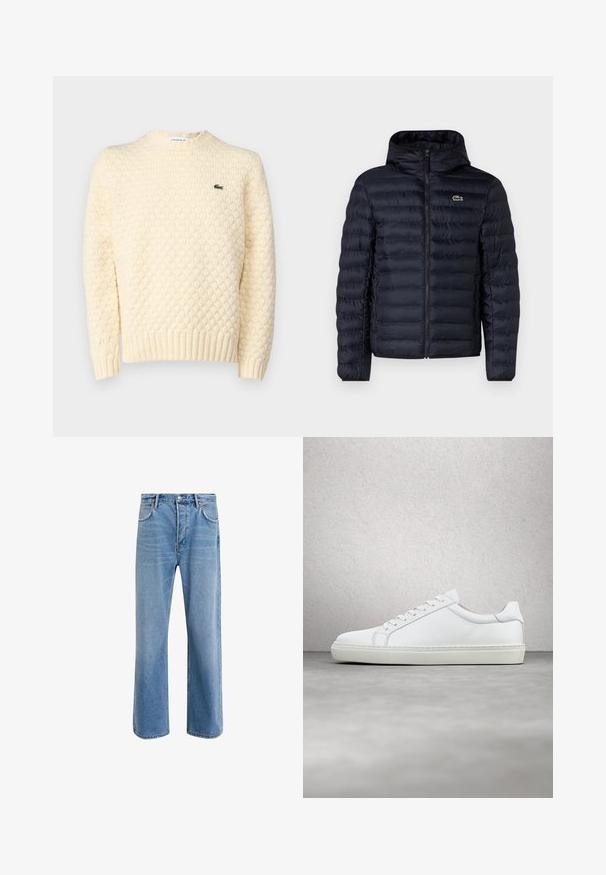 Veste rembourrée marine avec capuche, dotée d'une fermeture éclair à l'avant et de poignets élastiques. Finition texturée avec des coutures horizontales et un accent de logo.; Pull en laine de couleur crème avec un motif en losanges texturé, des poignets et un ourlet côtes ; comprend un petit logo vert Lacoste sur la poitrine.; Jeans en denim bleu clair avec une coupe droite, cinq poches, fermeture à bouton, peu d'usure et des détails de couture contrastés.; Sneaker blanche avec une tige en cuir lisse et un profil bas. Présente un bout arrondi, six œillets et une semelle en caoutchouc texturé.