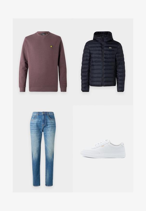 Marineblå polstret jakke med hætte, der har en frontlynlås og elastiske manchetter. Teksturfinish med vandret søm og en logo accentering.; Vinrød sweatshirt i bomuld med rund hals, lange ærmer og en gul fuglelogo på venstre bryst. Enkel design, ensfarvet.; Lyseblå denimjeans med lige ben, høj talje, subtilt slid og klassisk fem-lomme-design. Metalknaplukning.; Hvide lædersneakers med glat tekstur, rund tå og ton-i-ton syning. Har blå snørebånd og et gult logo på siden.
