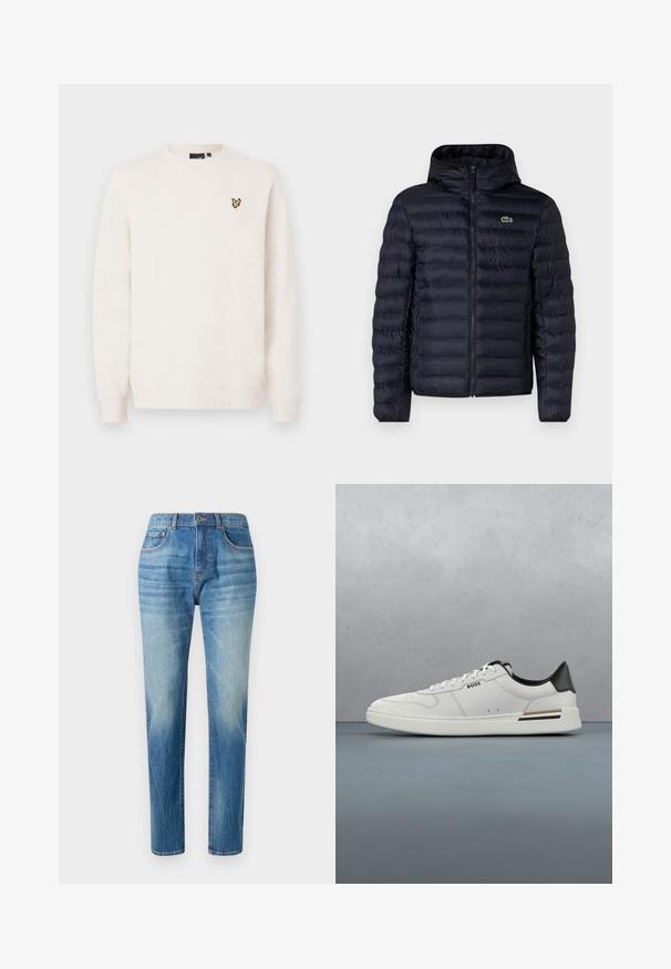 Marineblå polstret jakke med hætte, der har en frontlynlås og elastiske manchetter. Teksturfinish med vandret søm og en logo accentering.; Off-white crewneck sweatshirt med lange ærmer og et lille gult og sort fuglelogo på venstre bryst.; Lyseblå denimjeans med lige ben, høj talje, subtilt slid og klassisk fem-lomme-design. Metalknaplukning.; Hvide lavtoppede sneakers med sort hæl, snørebånds lukning, subtile perforeringer og "BOSS" logo på siden, vist fra ydersiden i profil.