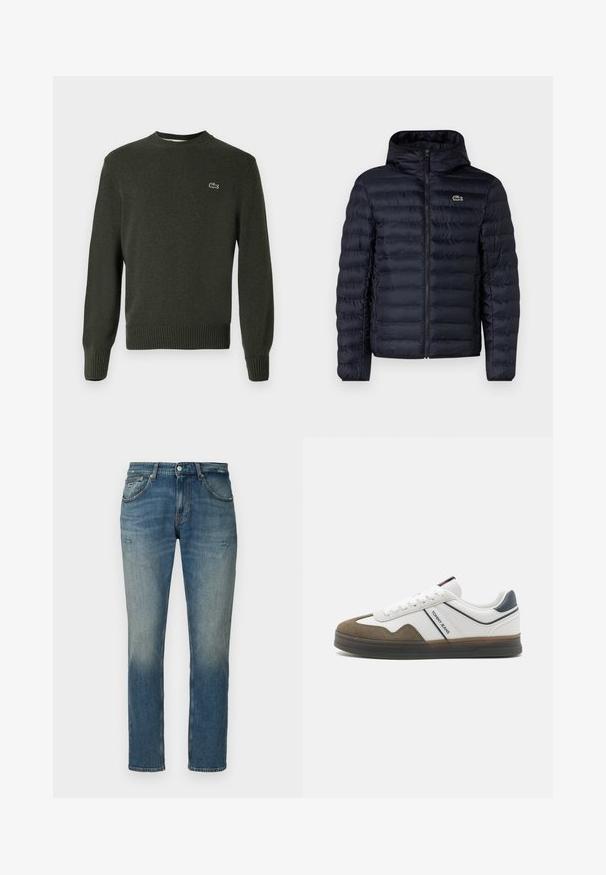 Chaqueta acolchada navy con capucha, que cuenta con un cierre frontal y puños elásticos. Acabado texturizado con costuras horizontales y un acento de logo.; Suéter de punto verde oscuro con cuello redondo, puños y dobladillo acanalados, que presenta un pequeño logotipo bordado en el lado izquierdo del pecho. Textura suave.; Jeans de mezclilla azul con un diseño de pierna recta. Las características incluyen un acabado desgastado, un estilo clásico de cinco bolsillos y un cierre frontal de botón.; Zapatilla blanca y marrón con puntera de ante texturizado, cuerpo de cuero suave y suela de goma oscura. Presenta acentos en azul y rojo, y una marca.