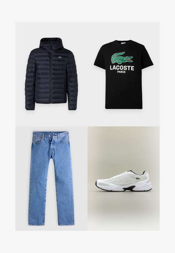 Chaqueta acolchada navy con capucha, que cuenta con un cierre frontal y puños elásticos. Acabado texturizado con costuras horizontales y un acento de logo.; Camiseta de algodón negra con un logo de cocodrilo verde y el texto "LACOSTE PARIS" en blanco. Manga corta y cuello redondo clásico.; Vaqueros de mezclilla azul claro con diseño de pierna recta, cinco bolsillos y cierre de dos botones. Presentan un desvanecimiento mínimo y costuras en contraste.; Zapatilla deportiva blanca con parte superior de malla texturizada, diseño curvado y suela exterior negra en contraste. Presenta un logo verde bordado en el lateral.