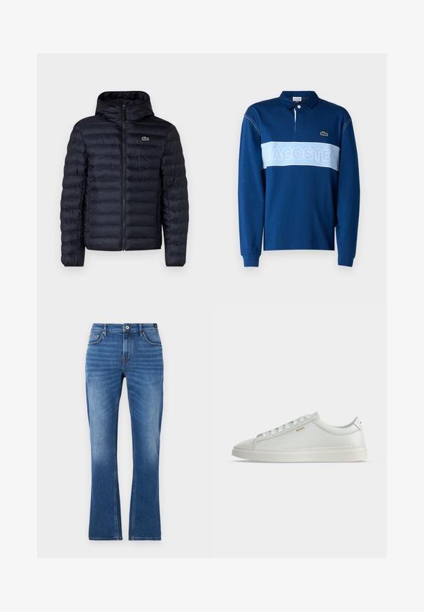 Chaqueta acolchada navy con capucha, que cuenta con un cierre frontal y puños elásticos. Acabado texturizado con costuras horizontales y un acento de logo.; Polo de manga larga azul marino con una franja horizontal azul clara que presenta el texto "LACOSTE", tejido suave y un cuello con tres botones.; Vaqueros acampanados de mezclilla en azul medio. Presentan un diseño de cinco bolsillos, detalles cosidos, un cierre de botón y una textura ligeramente desgastada en las piernas.; Zapatilla blanca de cuero de corte bajo con cordones, suela plana y pequeño logo dorado "BOSS" en el lateral, vista desde el lado exterior.