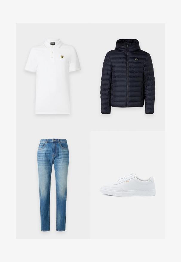 Veste rembourrée marine avec capuche, dotée d'une fermeture éclair à l'avant et de poignets élastiques. Finition texturée avec des coutures horizontales et un accent de logo.; Polo blanc à manches courtes avec col, trois boutons et un petit logo d’oiseau jaune et noir sur la poitrine gauche.; Jean en denim bleu clair, coupe droite, avec taille haute, décoloration subtile et style classique à cinq poches. Fermeture à bouton en métal.; Baskets blanches en cuir avec une texture lisse, bout rond et coutures tonales. Possède des lacets bleus et un logo doré sur le côté.