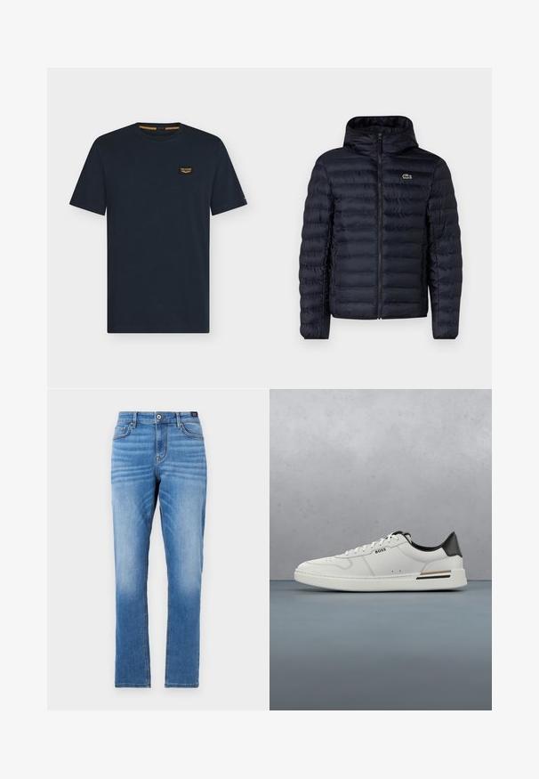 Marine gewatteerde jas met capuchon, voorzien van een rits aan de voorkant en elastische manchetten. Getextureerde afwerking met horizontale stiksels en een logo-accent.; Donkerblauw T-shirt met korte mouwen en ronde hals met een klein rechthoekig logoplaatje op de linkerborst.; Lichtblauwe denim jeans met een rechte pasvorm, vijf zakken, sluiting met een knoop aan de voorkant en subtiele vervaging op de dijen.; Witte lage sneaker met zwarte hiel, vetersluiting, subtiele perforaties en het "BOSS" logo aan de zijkant, getoond vanuit het zijprofiel.
