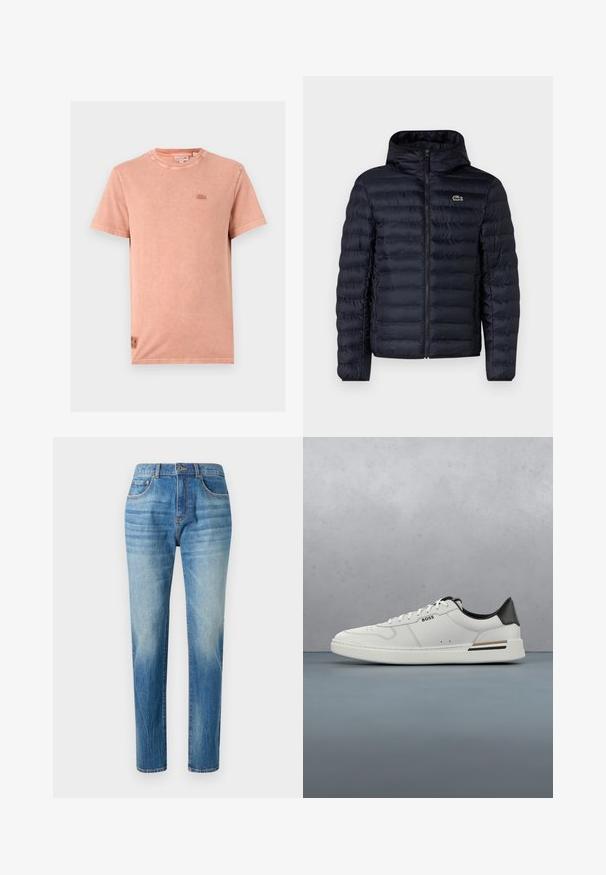 Marine gewatteerde jas met capuchon, voorzien van een rits aan de voorkant en elastische manchetten. Getextureerde afwerking met horizontale stiksels en een logo-accent.; Lichtroze katoenen t-shirt met een ronde hals, korte mouwen en geborduurd logo op de borst. Beschikt over een zachte textuur en een ontspannen pasvorm.; Lichtblauwe denim jeans met een rechte pijp, voorzien van een hoge taille, subtiele vervaging en klassieke vijf-pocket stijl. Metalen knoopsluiting.; Witte lage sneaker met zwarte hiel, vetersluiting, subtiele perforaties en het "BOSS" logo aan de zijkant, getoond vanuit het zijprofiel.
