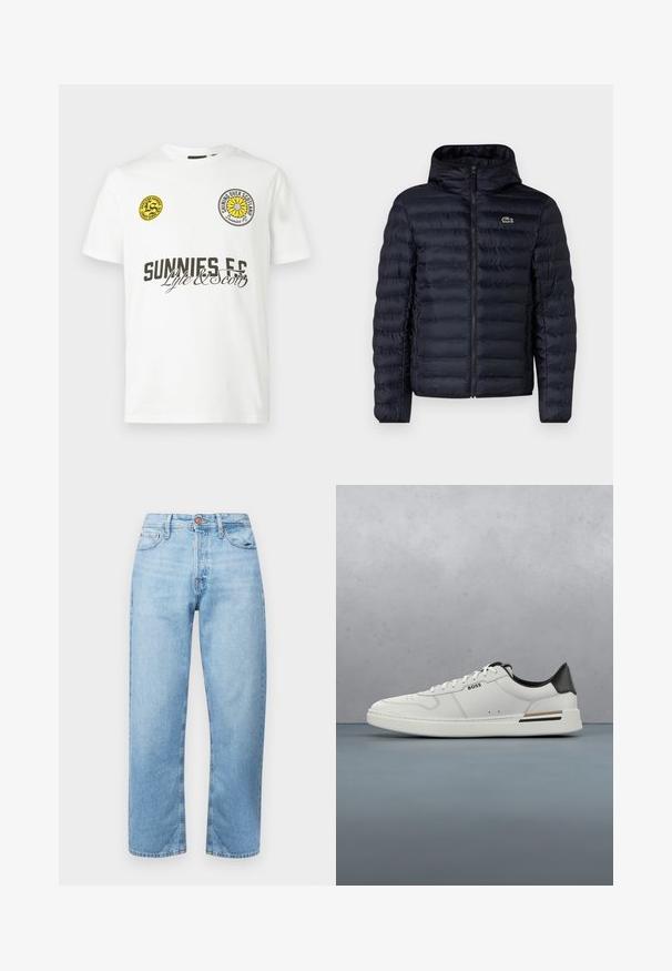 Chaqueta acolchada navy con capucha, que cuenta con un cierre frontal y puños elásticos. Acabado texturizado con costuras horizontales y un acento de logo.; Camiseta blanca de manga corta con texto negro "SUNNIES FC", escrito "Lyle & Scott" y dos logos circulares amarillos en el pecho.; Vaqueros de mezclilla azul claro con corte recto, diseño de cinco bolsillos y cierre de botón. Textura suave y mínima decoloración con acentos cosidos.; Zapatilla baja blanca con talón negro, cierre con cordones, perforaciones sutiles y el logo "BOSS" en el costado, mostrada desde el perfil exterior.