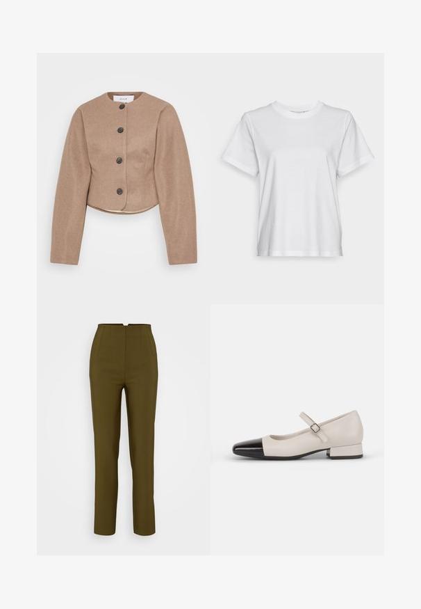 Veste beige raccourcie en tissu texturé, avec un col rond, des manches longues et cinq boutons noirs sur le devant.; T-shirt en coton blanc à manches courtes, col rond et coupe décontractée. Texture lisse, sans motifs ni graphiques, design basique.; Pantalons ajustés vert olive avec taille haute, dotés de plis sur le devant et d'une coupe droite, fabriqués à partir d'un tissu lisse.; Chaussure de style Mary Jane en cuir crème avec un bout en vernis noir. Présente un bout rond, une sangle de cheville avec une boucle carrée et un petit talon carré.