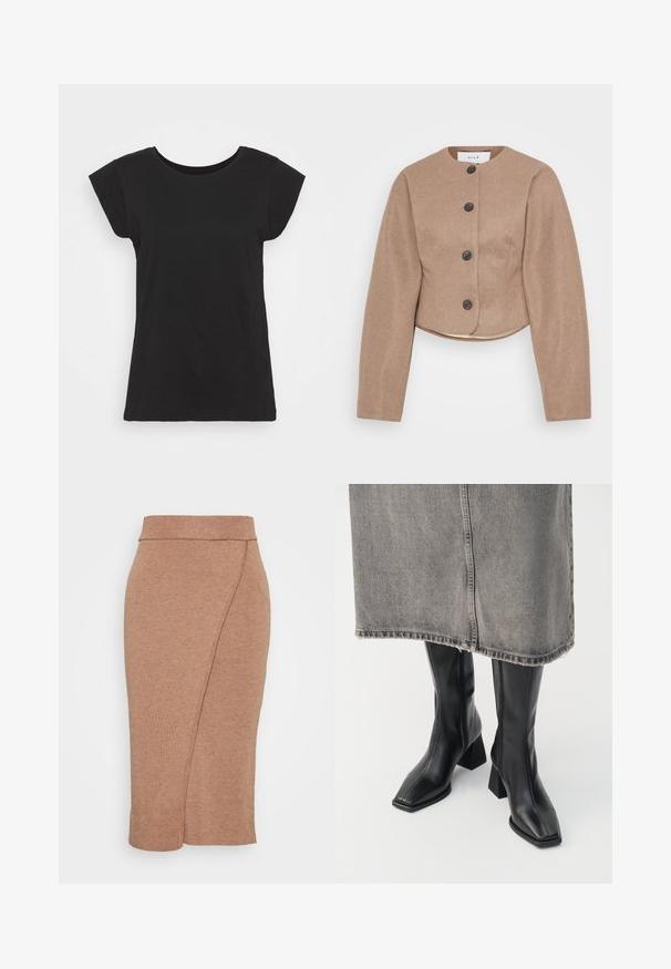 Veste beige raccourcie en tissu texturé, avec un col rond, des manches longues et cinq boutons noirs sur le devant.; T-shirt en coton noir avec des manches courtes et des épaules dégagées, col rond et coupe décontractée. Texture lisse sans motifs ni accents visibles.; VILA VIMARLA - Jupe crayon - toasted coconut melange; Bottes noires montantes en cuir lisse avec un bout carré et un talon bloc. Portées avec une jupe en denim grise à l'ourlet effiloché.