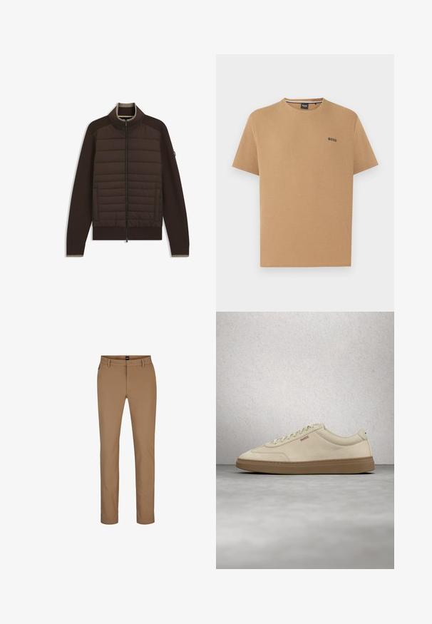 Chaqueta marrón acolchada con cremallera completa en la parte delantera, cuello alto, bolsillos laterales y puños y dobladillo acanalados, mostrada sobre fondo blanco.; Camiseta beige de manga corta de punto waffle con cuello redondo y pequeño logo negro "BOSS" en el pecho izquierdo.; Pantalones marrones claros de mezcla de algodón con un diseño de pierna recta, bolsillos frontales y cremallera. Hardware mínimo y sin patrones visibles.; Zapatilla de ante beige claro con suela de goma color caramelo, cordones prominentes y detalles de costura sutiles. Diseño limpio con una estética minimalista.
