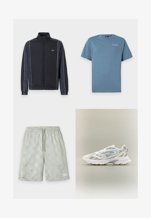 Veste zippée noire avec un col montant, des bandes latérales blanches, des poignets élastiques et un petit logo vert sur la poitrine gauche. Texture de tissu lisse.; T-shirt en coton bleu avec un col rond et des manches courtes. Présente un logo Quiksilver subtil imprimé sur la poitrine en gris clair.; Umbro FOOTBALL SHORT - Pantalon de survêtement - harbor mist; Chaussure de sport blanche avec des panneaux en mesh gris, des superpositions texturées, un col rembourré et une semelle en caoutchouc dotée de petites pointes de traction.