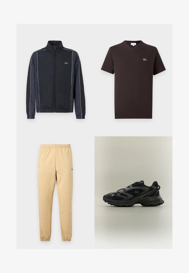 Sort zip-jakke med høj krave, hvide sidelister, elastiske manchetter og et lille grønt logo på venstre bryst. Glat stofoverflade.; Mørkebrun V-hals T-shirt med korte ærmer og en lille grøn krokodille-logo på venstre bryst.; Beige joggebukser med elastisk talje og manchetter, der har en lille grøn krokodillebroderet logo på højre lår.; Sort atletisk sko med meshpaneler, en tekstureret sål, snørebånd og en buet silhuet med sølvfarvede accenter på siderne.
