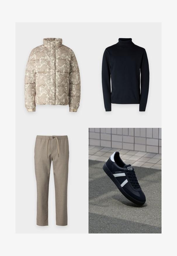 Chaqueta acolchada con un alto cuello, que presenta un patrón de paisley en crema y marrón claro. Los materiales parecen acolchados con puños acanalados para mayor comodidad.; Suéter de cuello alto en azul marino oscuro, hecho de una tela suave y elástica. Cuenta con mangas largas y puños y dobladillo acanalados. Diseño simple y limpio.; Pantalones beige con una cinturilla elástica, cierre de cordón y corte recto. El material tiene una textura sutil.; Zapatilla de cuero negra con rayas blancas, suela de goma texturizada y parte frontal con cordones. Cuenta con una etiqueta de marca en la lengüeta.