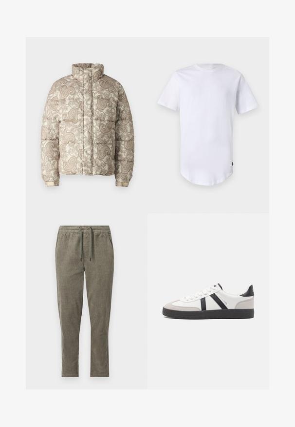 Veste rembourrée avec un col haut, présentant un motif paisley crème et marron clair. Les matériaux semblent matelassés avec des poignets côtelés pour plus de confort.; T-shirt blanc à manches courtes en coton. Design à col rond avec un ourlet arrondi. Étiquette visible sur le côté inférieur gauche. Texture lisse.; Pantalon en velours côtelé vert olive avec taille élastique et cordon, avec poches latérales et coupe droite.; Baskets blanches avec des accents noirs et gris, présentant un embout texturé gris, une semelle en caoutchouc noir et des lacets plats blancs. Design épuré, style minimaliste.