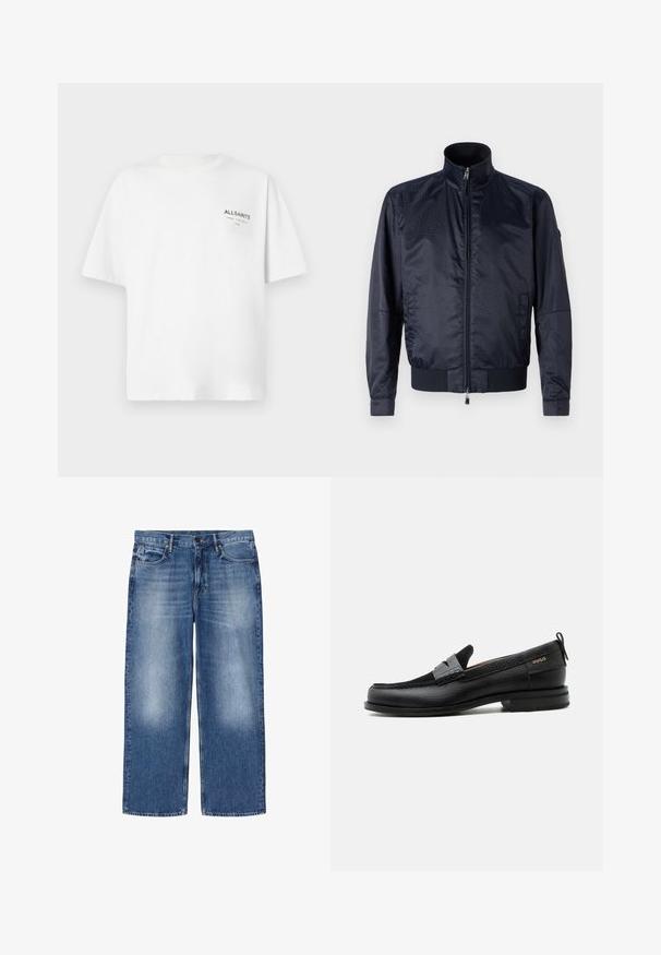 Marineblå, lynlåsfunktion jakke med høj krave, tekstureret overflade, elastiske manchetter og talje; inkluderer sidelommer og subtil brandingdetalje.; Hvid kortærmet bomulds T-shirt med lille sort "ALLSAINTS" tekst og japanske tegn trykt på venstre bryst.; Blåtonede straight-leg denimjeans med fem lommer og knaplukning, vist fladt på hvid baggrund.; Sort læderloafer med grå remdetalje, lav hæl og tekstureret sål, mærket med "HUGO" i guld på siden.